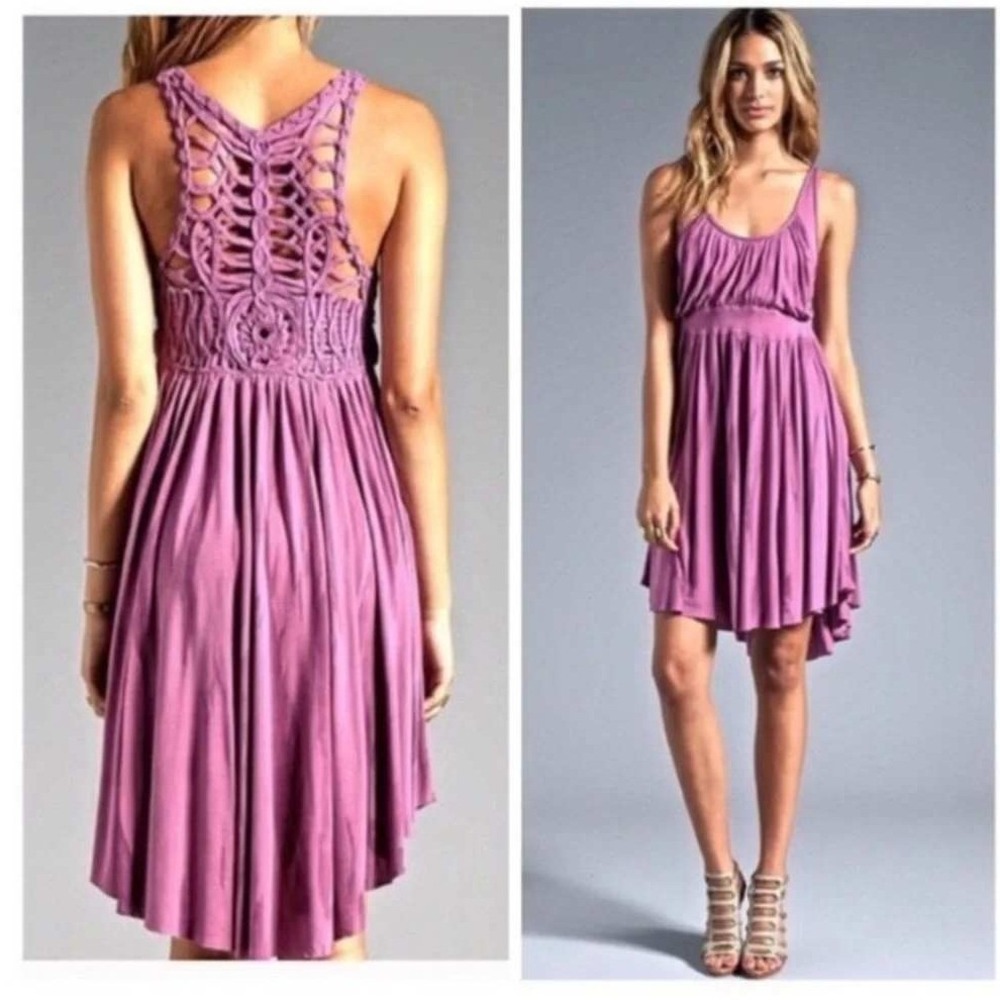 Free People Cast Your Net Dress XS Purple Crochet‎ Macrame High Low Boho Beachy